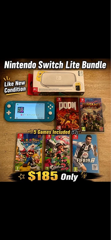 nintendo switch lite with 5 games and case