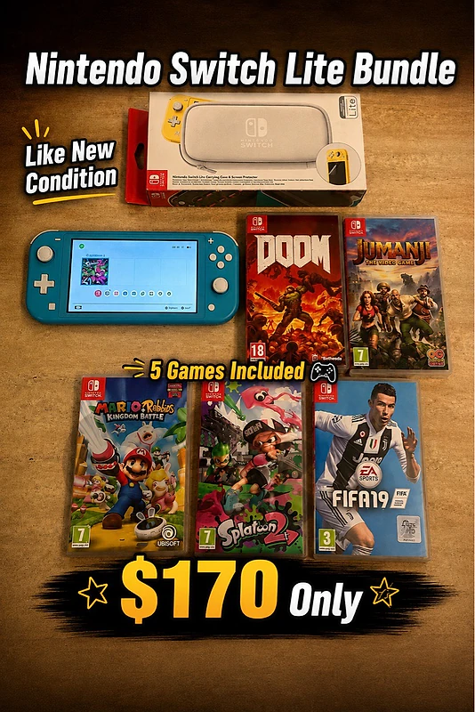 nintendo switch lite with 5 games and case