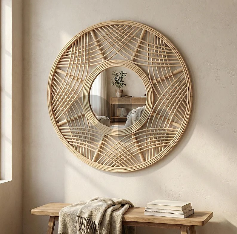woven rattan wall mirror