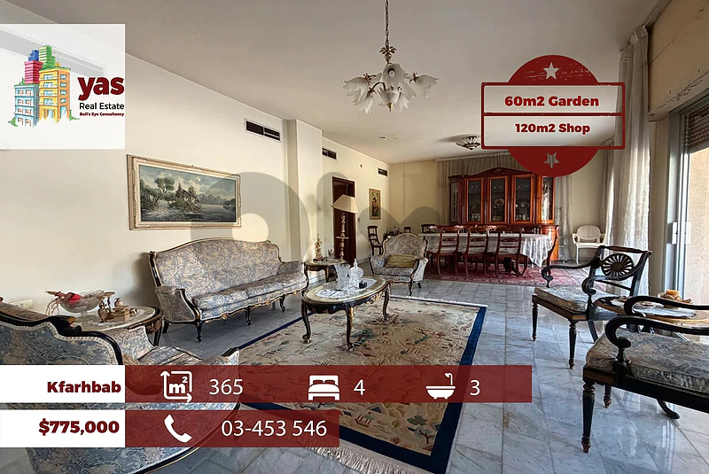 Kfarhbab 365m2 | 60m2 Garden |  120m2 Shop | Calm Area | EH