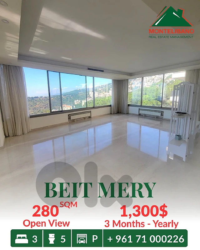 280 sqm Apartment For Rent in Beit Mery بيت مري with Open View