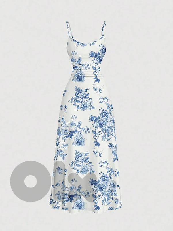 Blue and white floral print dress