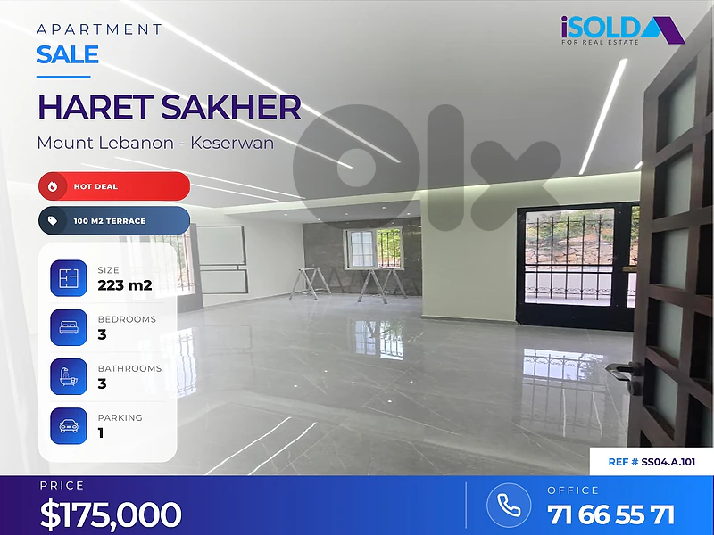 Hot Deal-A 190 m2 apart with a 100 m2 terrace 4sale in Haret sakher