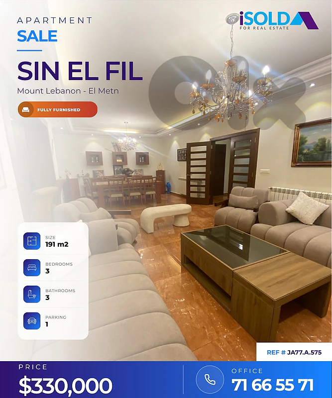 A 191 m2 furnished apartment for sale in Sin El Fil