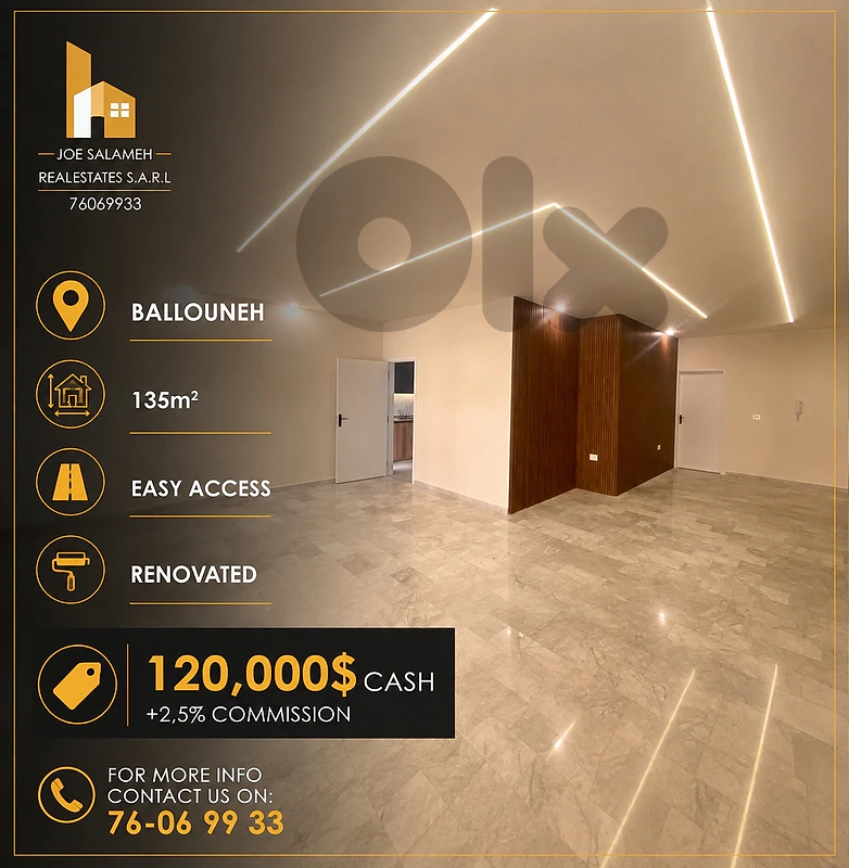 Apartment for sale in Ballouneh 135m2 Easy Access 120,000$cash/بلونة