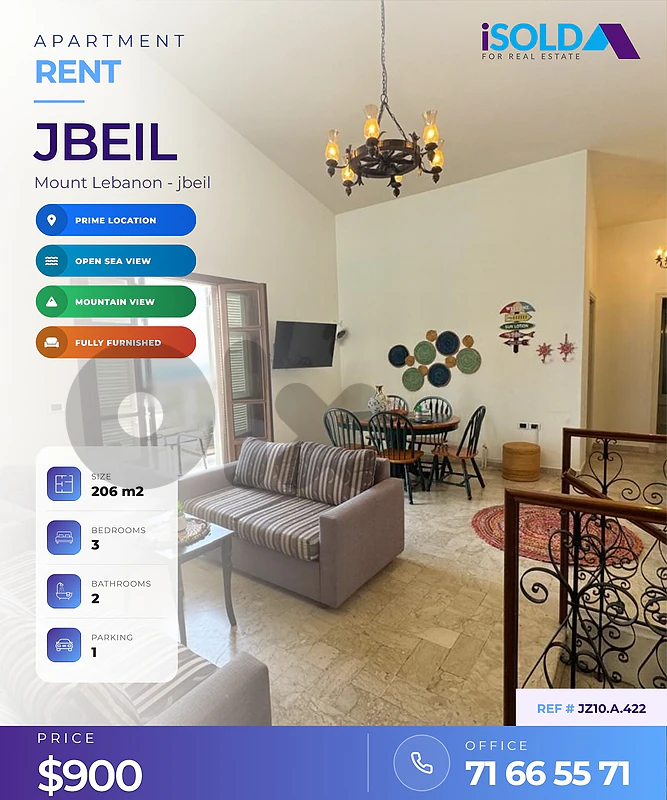 Prime Apartment For Rent In Jbeil Town with Open Sea View
