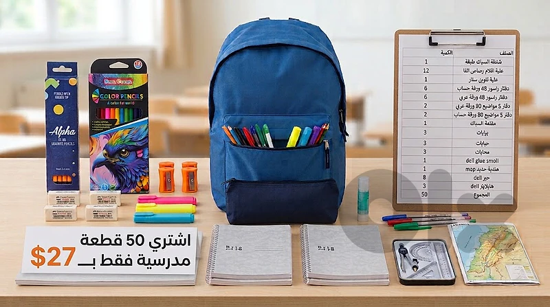 إشتري شنطة المدرسية مع الأقلام والدفاتر 50 قطعة بـ 27$
