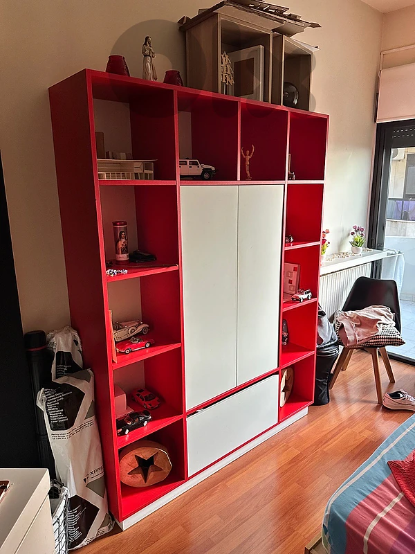 Red & White Storage Cabinet with Open Shelves