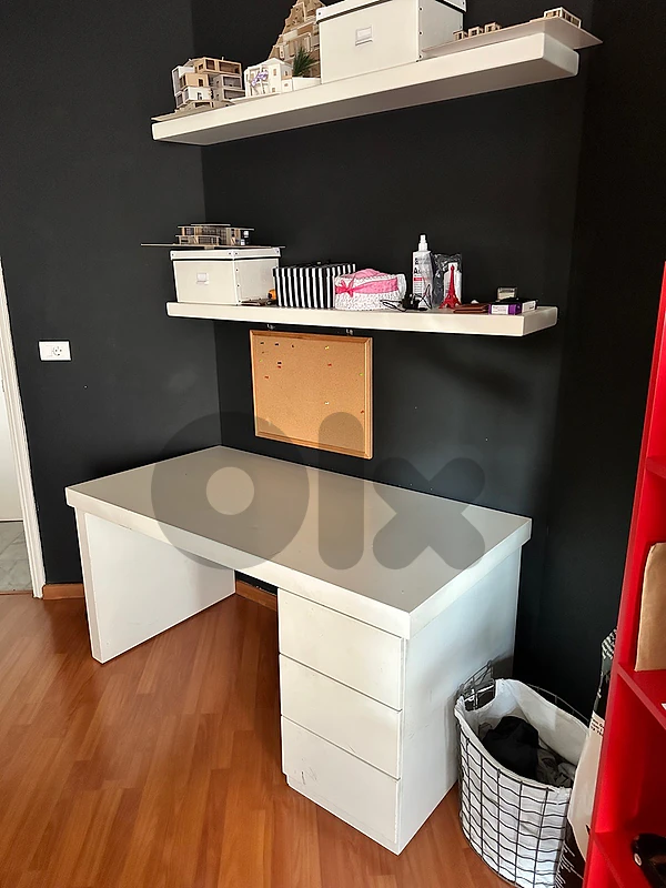 Complete White Office Desk Set with Drawers & Wall Shelves