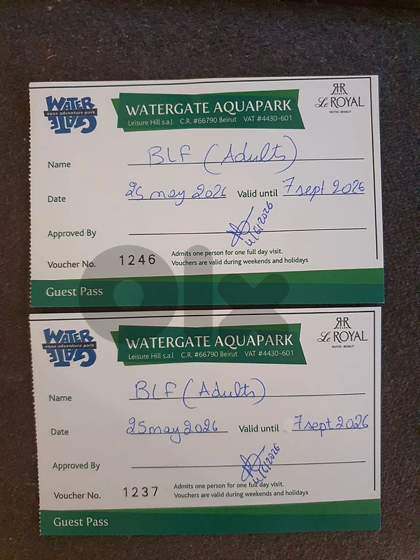 2 tickets for sale watergate dbaye (le royal) valid till 07 sept 2026