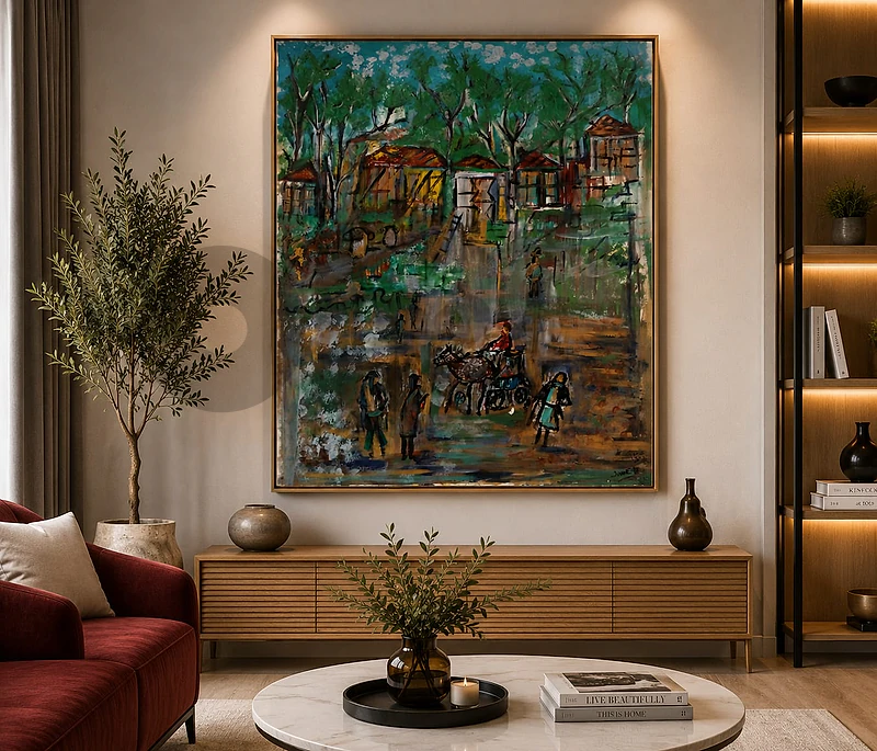 لوحه اصليه مرسومه يدويا مشهد ريفي بالوان مميزكانت 150$صارت 120$