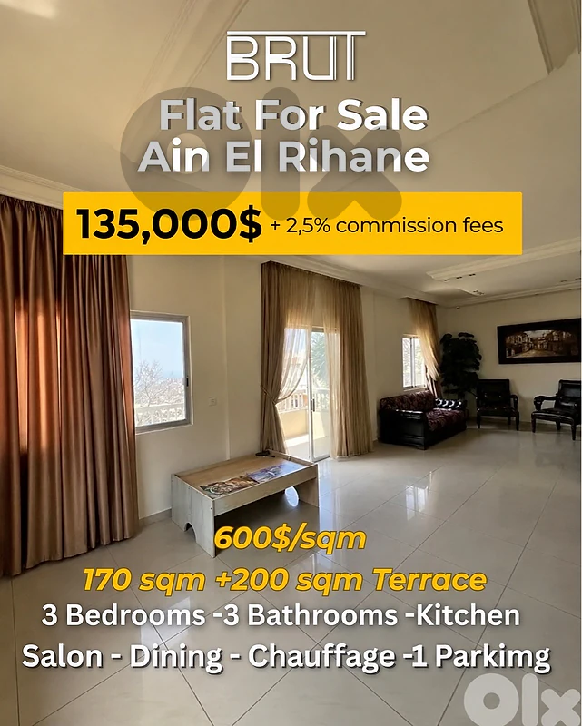 170 sqm +200 sqm Terrace apartment for sale in Ain El Rihani -600$/sqm 170 sqm +200 sqm Terrace apartment for sale in Ain El Rihani -600$/sqm