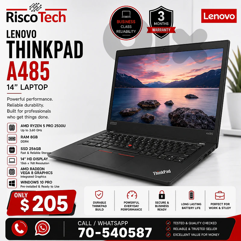 Lenovo ThinkPad A485 Laptop | Ryzen 5 2500U | 8GB | 256GB SSD | لابتوب Lenovo ThinkPad A485 Laptop | Ryzen 5 2500U | 8GB | 256GB SSD | لابتوب