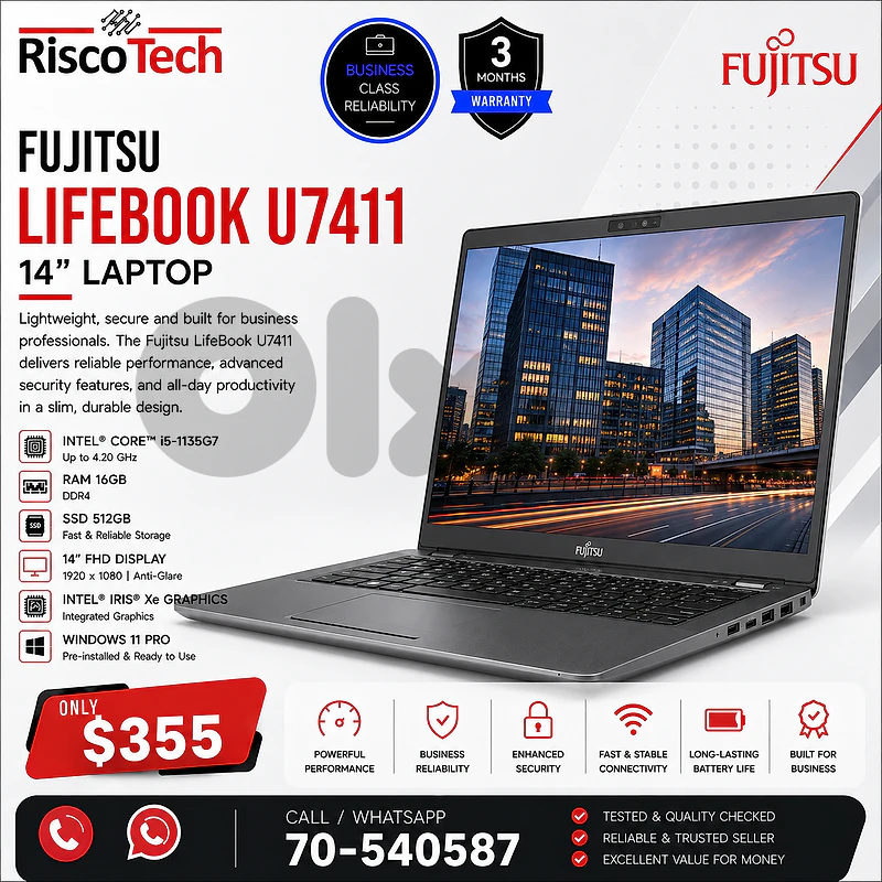 Fujitsu LifeBook U7411 Laptop | i5-1135G7 | 16GB | 512GB SSD | لابتوب