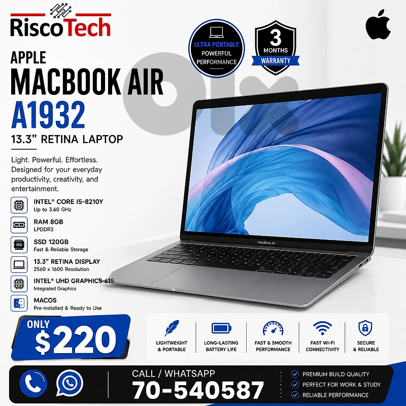 Apple MacBook Air A1932 Laptop | i5-8210Y | 8GB | 128GB SSD | لابتوب Apple MacBook Air A1932 Laptop | i5-8210Y | 8GB | 128GB SSD | لابتوب