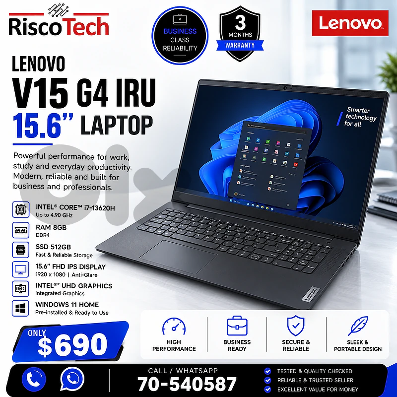 Lenovo V15 G4 IRU Laptop | i7-13620H | 8GB | 512GB NVMe | لابتوب Lenovo V15 G4 IRU Laptop | i7-13620H | 8GB | 512GB NVMe | لابتوب