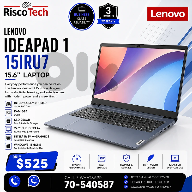 Lenovo IdeaPad 1 15IRU7 Laptop | i5-1335U | 16GB | 256GB NVMe | لابتوب Lenovo IdeaPad 1 15IRU7 Laptop | i5-1335U | 16GB | 256GB NVMe | لابتوب