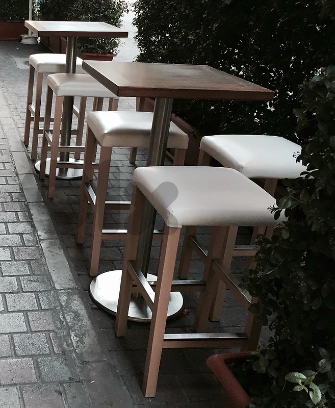 restaurant furniture set: Iroko tables & white chairs