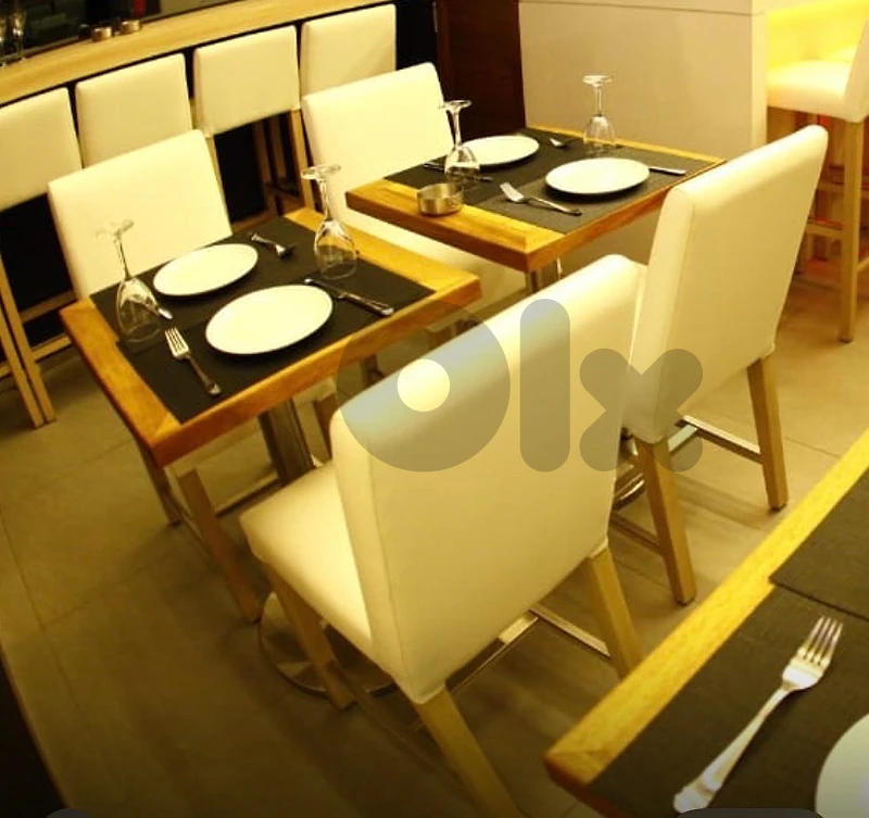 Restaurant Furniture Set: 8 Iroko wood tables & 34 white chairs