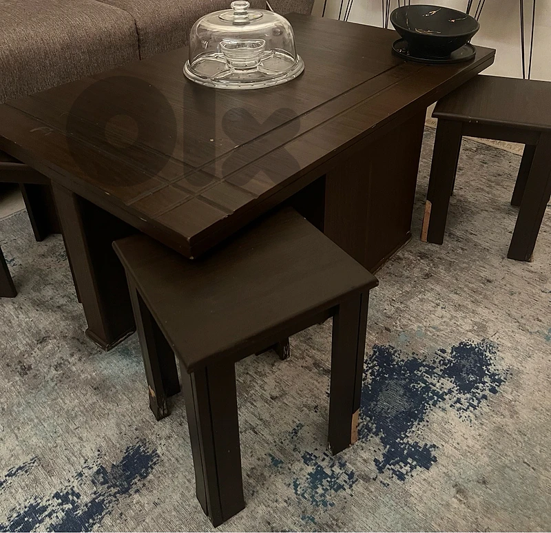 Dark Wood Nesting Coffee Table with 4 Stools