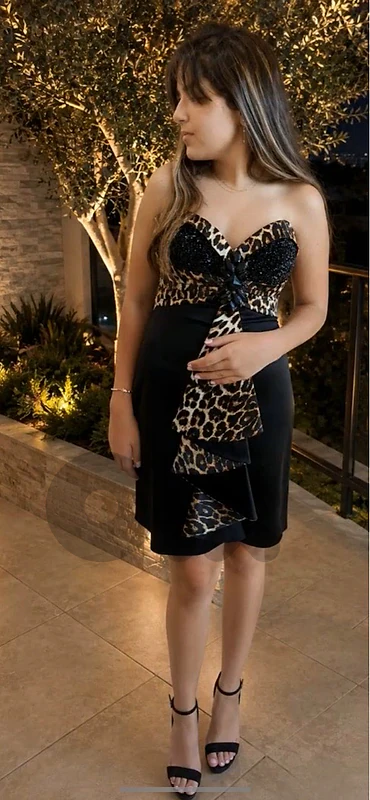 off shoulder black dress with leopard print
