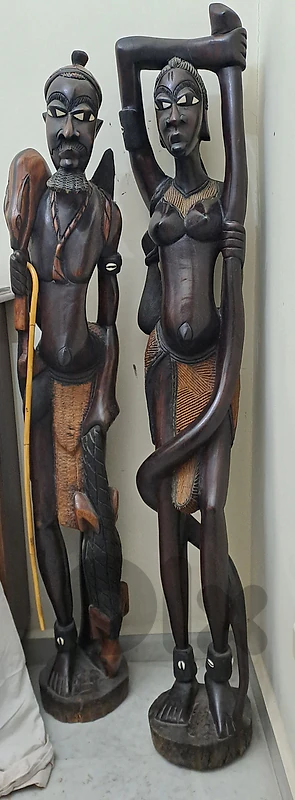 Hand-Carved African Tribal Statue Pair — Warrior & Woman