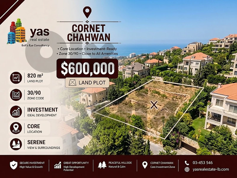 Cornet Chehwan 820m2 | Land | Coeff 30/90 | Prime Location | TCH