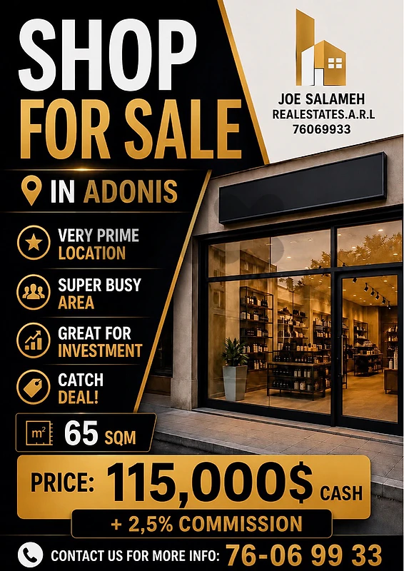 Shop For sale in Adonis 65m2 Prime Location Catch 125,000$cash/أدونيس
