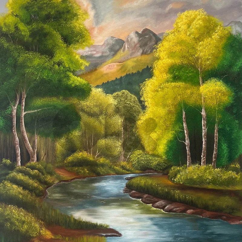Original Landscape Oil Painting – River & Sunlit Forest Canvas