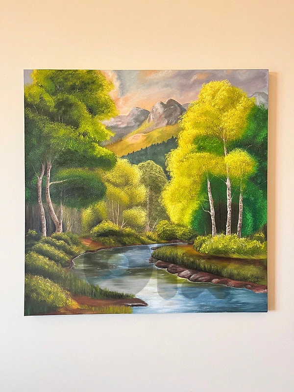 Original Landscape Oil Painting – River & Sunlit Forest Canvas