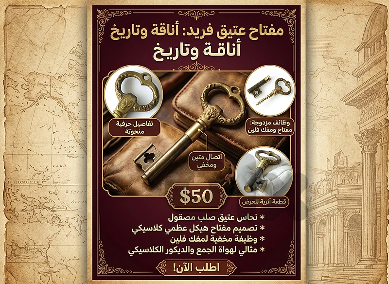 فتاحة نبيذ عتيقة على شكل مفتاح قديم من النحاس الأصفر الخالص