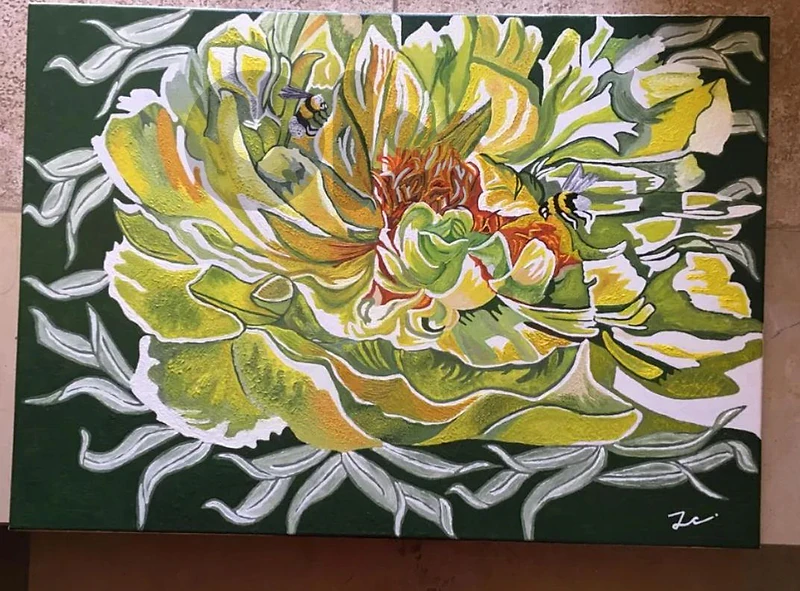 yellow Peony and Bees