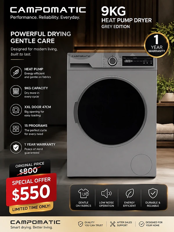 Campomatic Dryer 9kg Heat Pump كفالة شركة