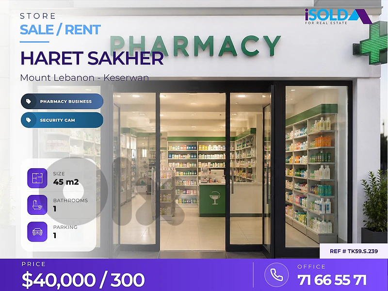 A 45 m2 pharmacy business for sale/ store for rent in Haret sakher