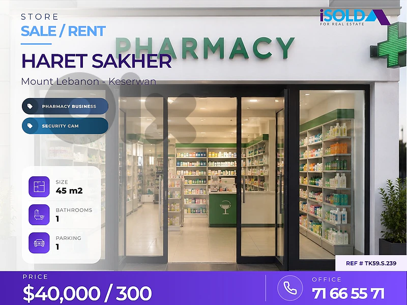A 45 m2 pharmacy business for sale/ store for rent in Haret sakher