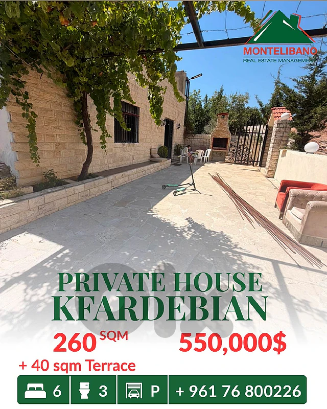 260 sqm Private House For Sale in Kfardebian with 40 sqm Terrace
