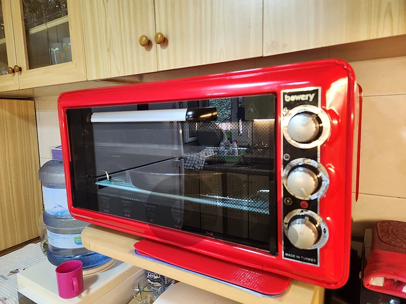 Red Electric Countertop Oven
 and Study Desk with Drawers