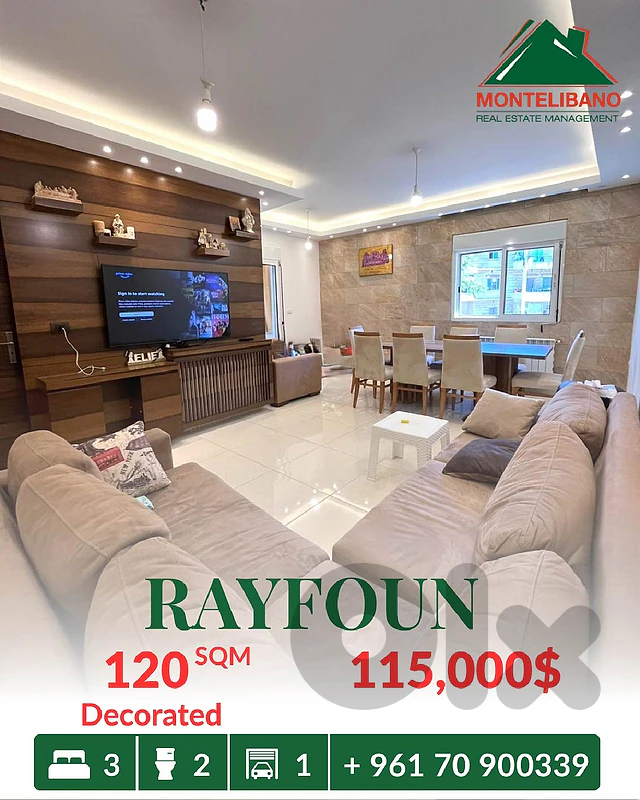Decorated 120 sqm Apartment For Sale in Rayfoun ريفون Decorated 120 sqm Apartment For Sale in Rayfoun ريفون