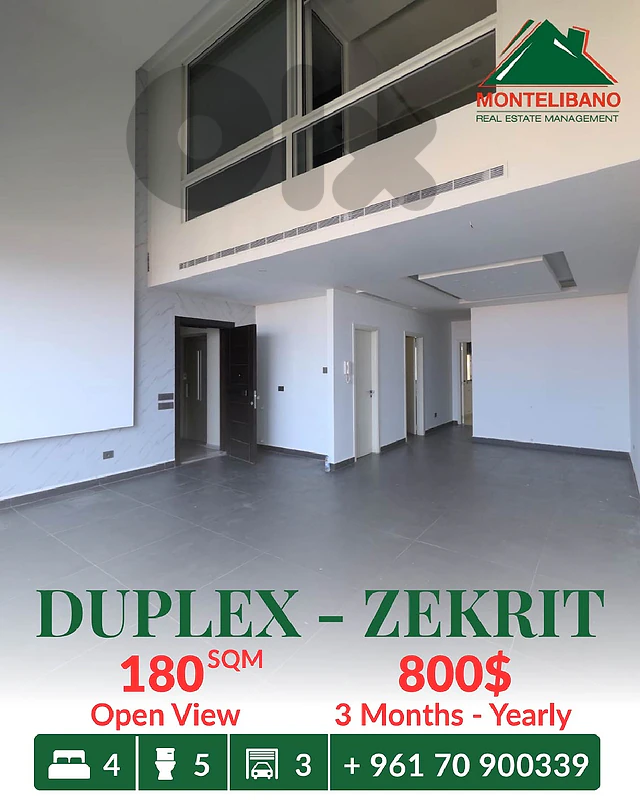 180 sqm Duplex For Rent in Zekrit زكريت with Open View