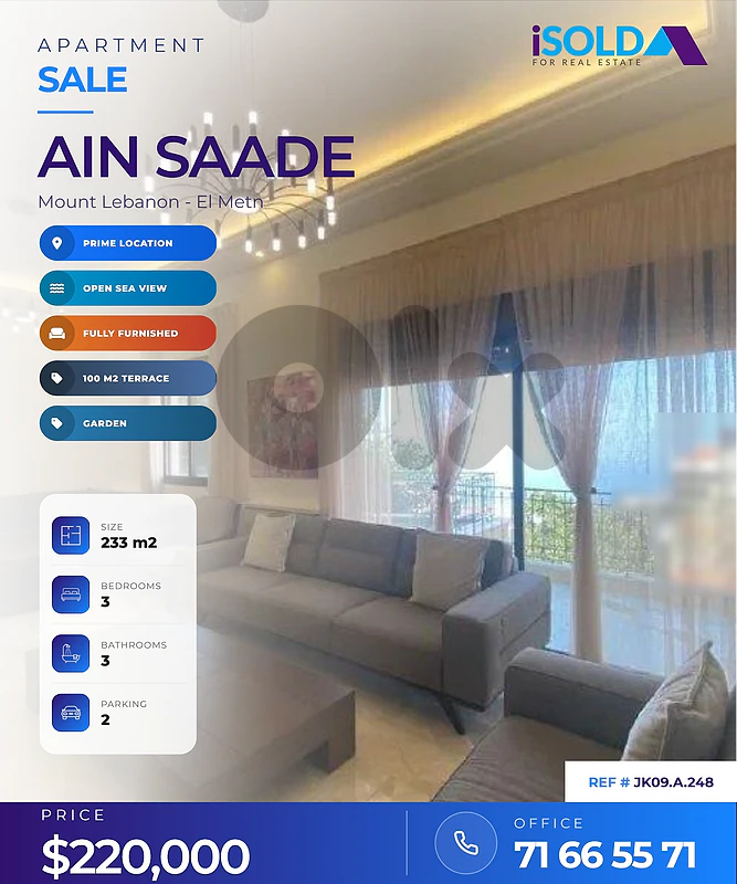 Furnished 200 m2 apartment+terrace+sea view 4sale in Ain Saadeh