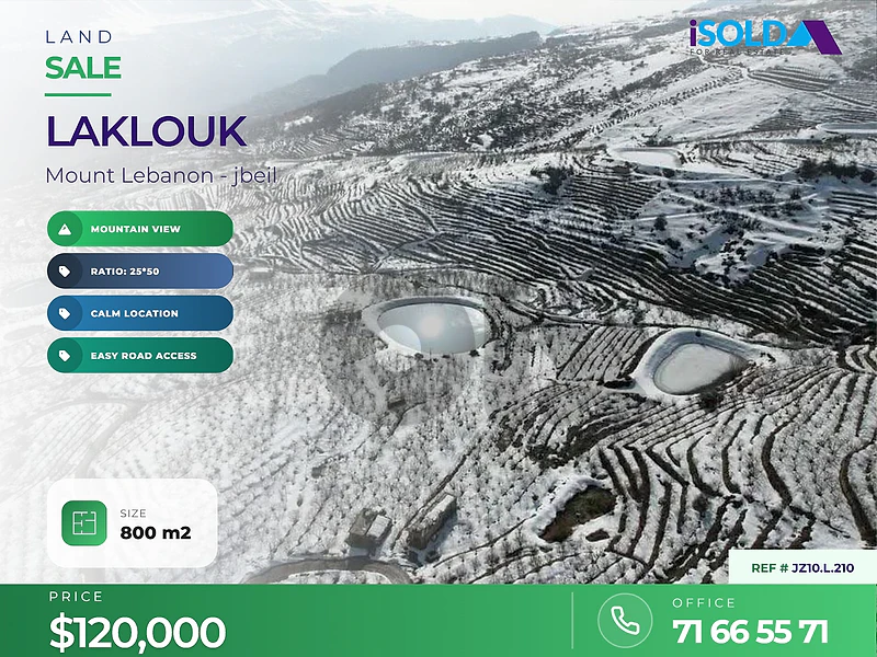 A 800 m2 land having an open mountain view for sale in Laklouk