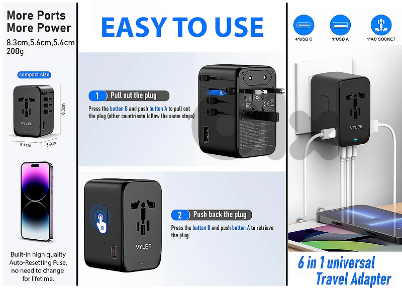 2 Universal Travel Adapters (120W) 4 Plugs, 4 USB-C & 1 USB-A Ports