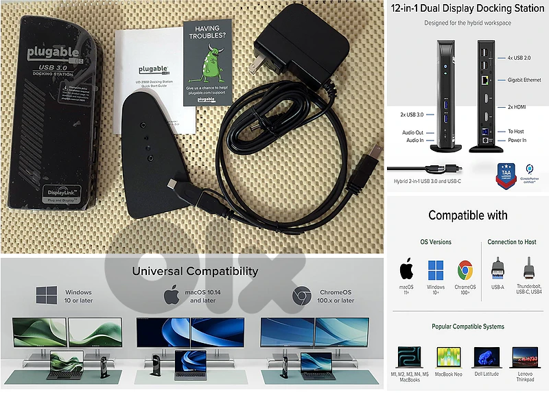 Universal USB 3 Docking Station w. Dual HDMI, 6 USB, Ethernet Hub