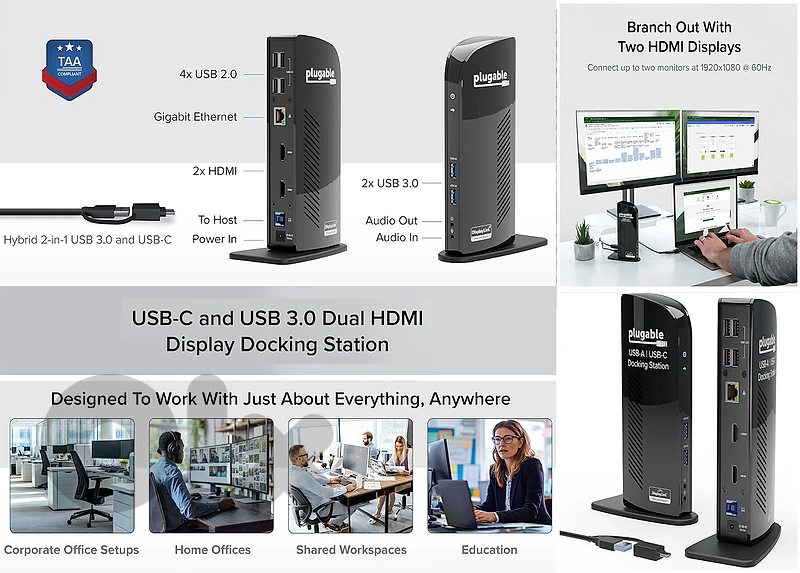 Universal USB 3 Docking Station w. Dual HDMI, 6 USB, Ethernet Hub