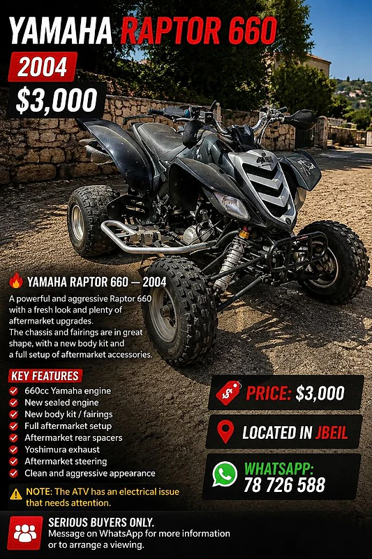 Yamaha Raptor 660 — 2004 — $3,000