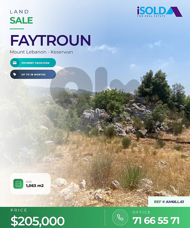 1063m2 land + payment facilities+mountain view 4sale in Faytroun