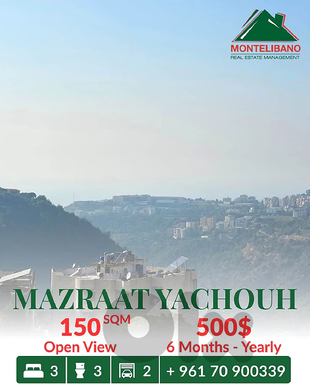 150 sqm Apartment For Rent in Mazraat Yachouh with Open View