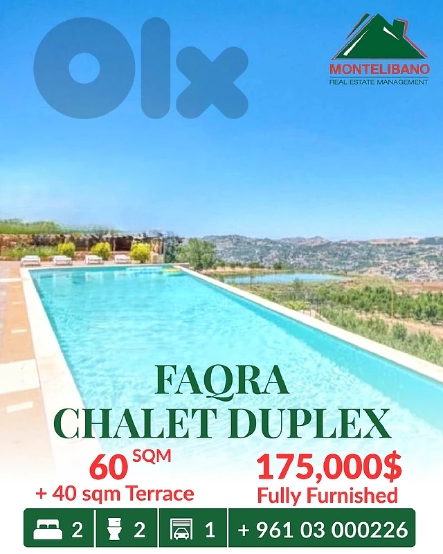 60 sqm Chalet Duplex in New Building For Sale in Faqra +40 sqm Terrace
