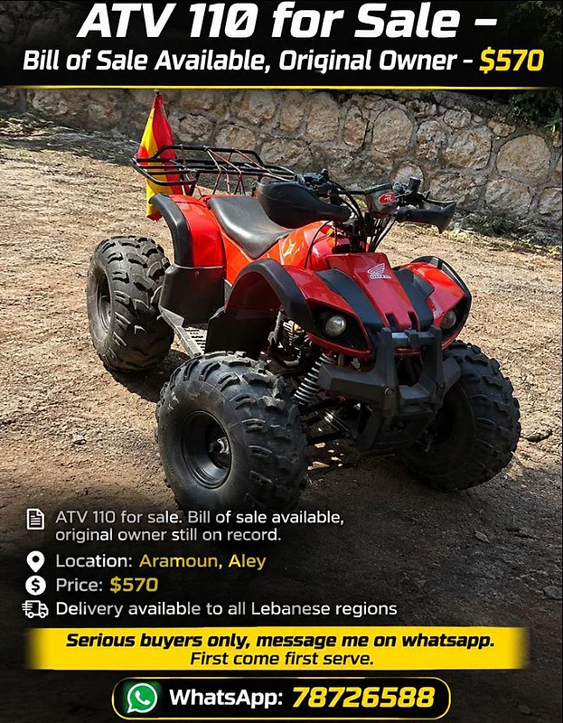 ATV 110 for Sale – Bill of Sale Available, Original Owner – $570