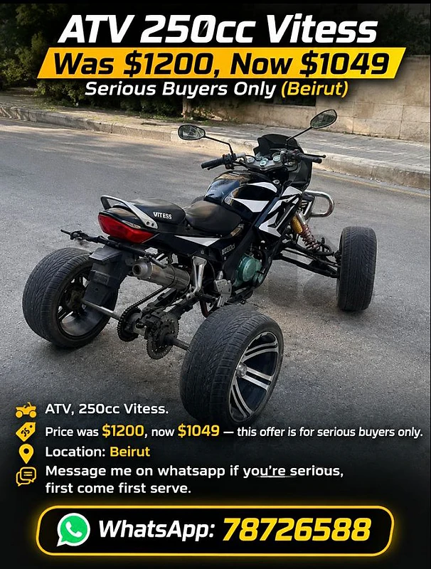 ATV 250cc Vitess – Was $1200, Now $1049 – Serious Buyers Only (Beirut)